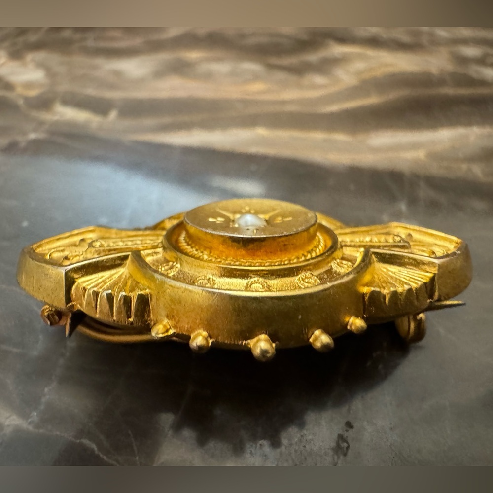 Antique Gold mourning Brooch with Star Detail and seed pearl Etruscan Victorian - Picture 5 of 12